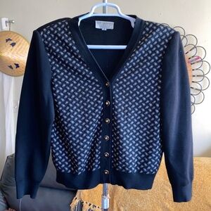 ST. JOHN Collection Vintage Knit Black Paisley Preppy Sweater Cardigan Size M